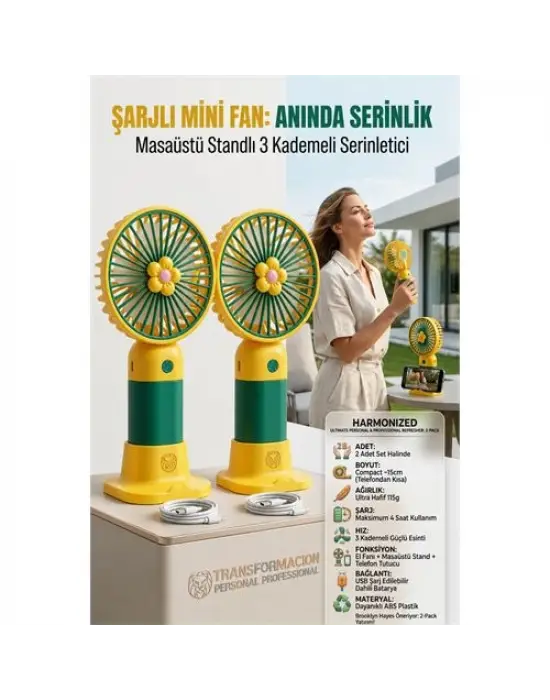 2 ADET Şarjlı Mini El Fanı Taşınabilir Masaüstü Vantilatör max 4 saat 723211