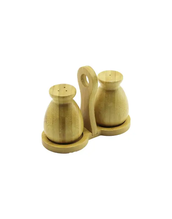 2 Pcs - Şişe Modeli Ahşap Bambu Tuzluk - Baharatlık Tutacaklı Ahşap Stand