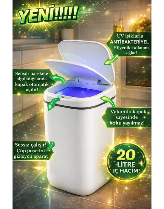 20l Akıllı Sensörlü Çöp Kovası Uv Işık Koku Geçirmez Mutfak Banyo Wc Ofis