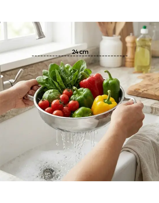 24cm Basık Süzek Metal Süzgeç Kulplu
