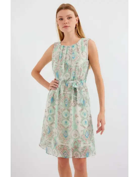 2501 Desenli Sıfır Kol Şifon Elbise - Mint