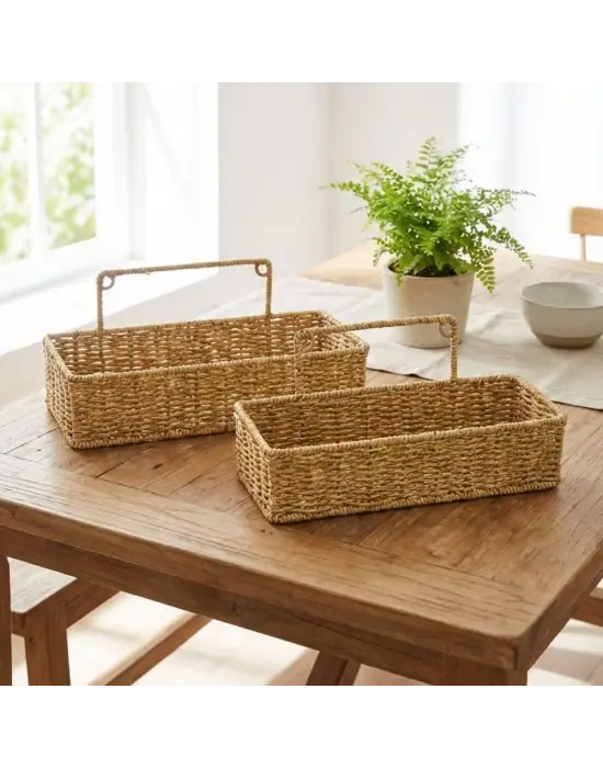 2’li Duvar Askılı Plastik Rattan Organizer – Dikdörtgen Hasır Görünümlü Mutfak Raf Sepeti, Banyo Ve Ev İçi Düzenleme Ünitesi