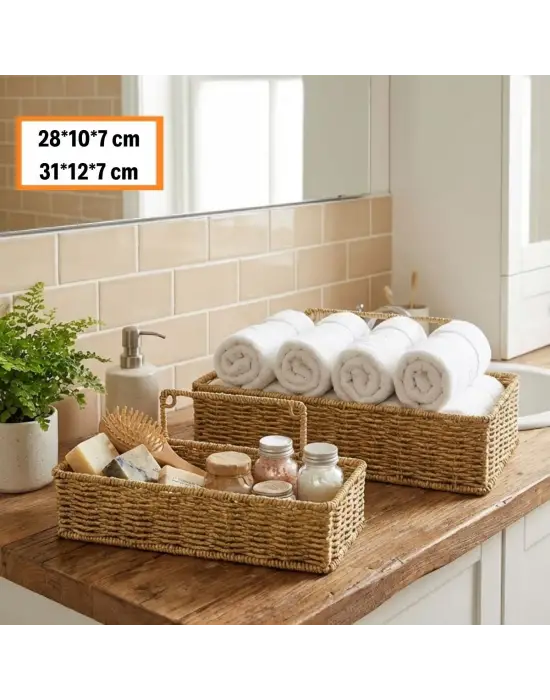 2’li Duvar Askılı Plastik Rattan Organizer – Dikdörtgen Hasır Görünümlü Mutfak Raf Sepeti, Banyo Ve Ev İçi Düzenleme Ünitesi