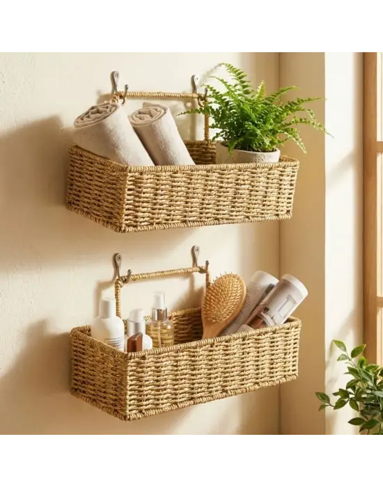 2’li Duvar Askılı Plastik Rattan Organizer – Dikdörtgen Hasır Görünümlü Mutfak Raf Sepeti, Banyo Ve Ev İçi Düzenleme Ünitesi