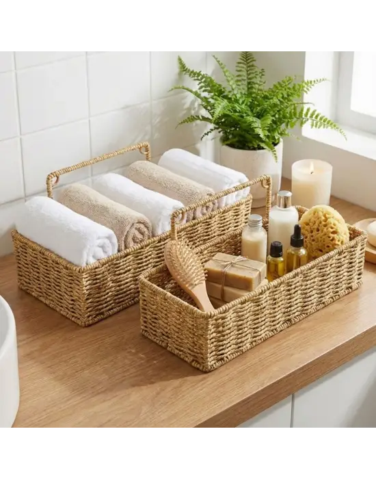 2’li Duvar Askılı Plastik Rattan Organizer – Dikdörtgen Hasır Görünümlü Mutfak Raf Sepeti, Banyo Ve Ev İçi Düzenleme Ünitesi