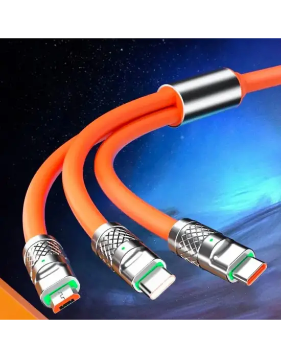 3 in 1 Type-C + Micro Usb + Lightning Hızlı Şarj Kablosu Silikon Kablo 1 Metre Opp Ambalaj