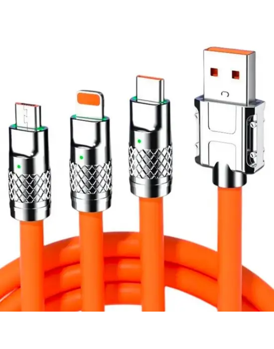 3 in 1 Type-C + Micro Usb + Lightning Hızlı Şarj Kablosu Silikon Kablo 1 Metre Opp Ambalaj
