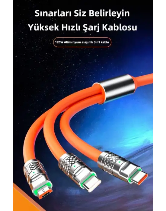 3 in 1 Type-C + Micro Usb + Lightning Hızlı Şarj Kablosu Silikon Kablo 1 Metre Opp Ambalaj