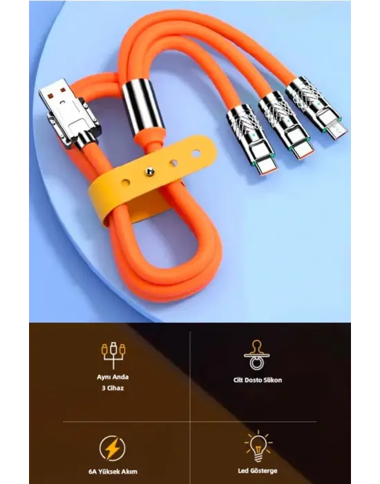 3 in 1 Type-C + Micro Usb + Lightning Hızlı Şarj Kablosu Silikon Kablo 1 Metre Opp Ambalaj