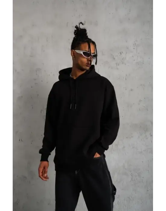 3 İplik Kapşonlu Sweatshirt Hoodie - Siyah