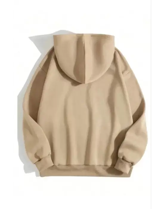 3 İplik Pamuklu Unisex Kapşonlu Sweetshirt - Bej