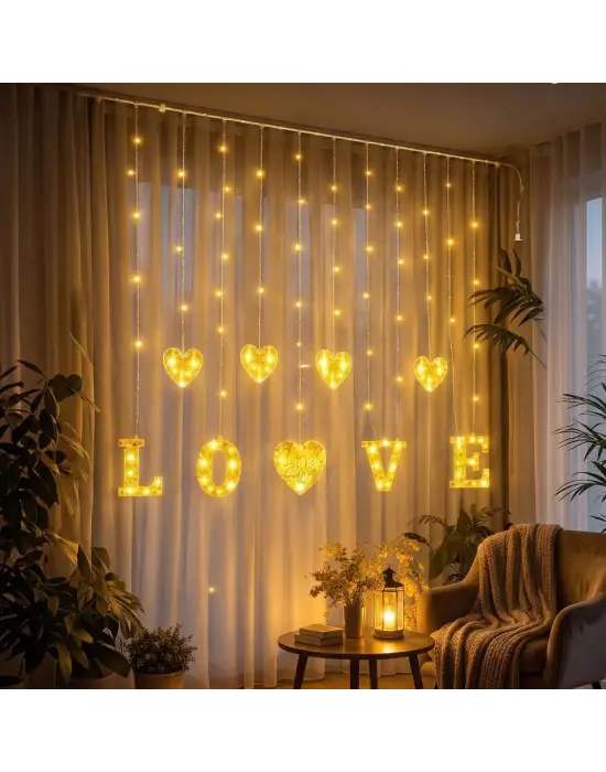 3 Metre Perde Led Işık - 8 Modlu Kalp ve LOVE Figürlü Dekoratif Animasyonlu Led