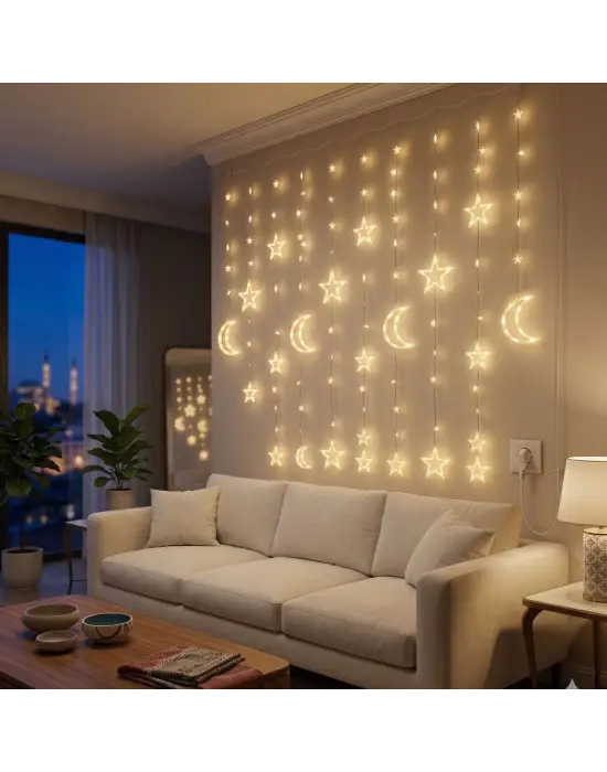 3 Metre Perde LED Işık Zinciri - Yıldız ve Ay Figürlü Sarı Işık Uç Uca Eklenebilir
