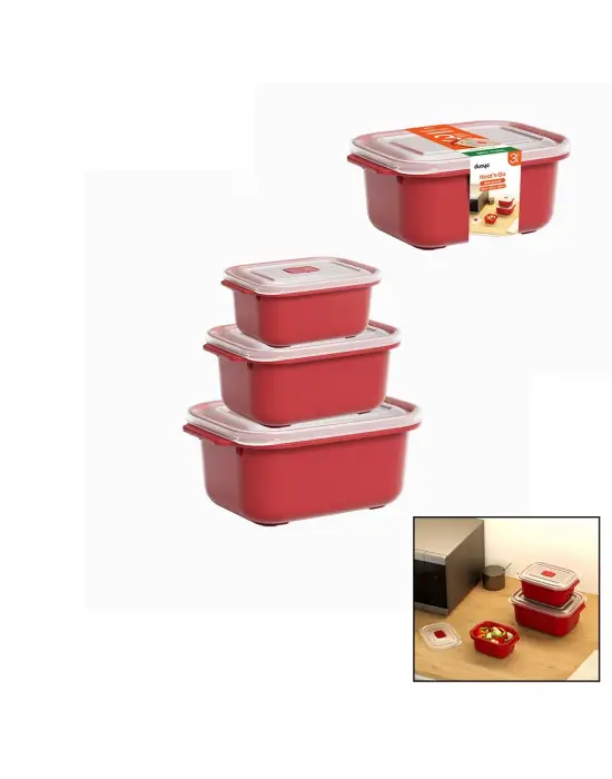3 Pcs Kırmızı Dikdörtgen Saklama Kab Set 500-1000-2000ml