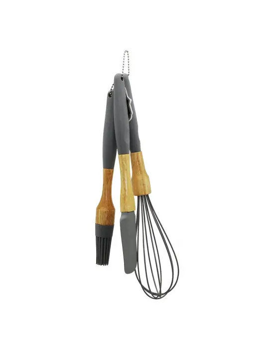 3 Pcs Silikon Çırpıcı - Fırça - Spatula Seti Ahşap Bambu Sap - Silikon Kılıflı