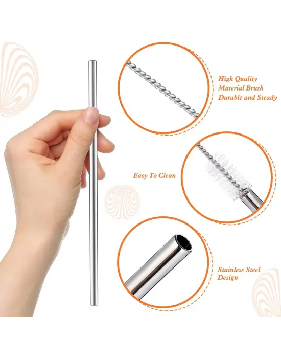 31 cm Ekstra Uzun Paslanmaz Çelik Pipet Seti – 3 Parça (Eğri + Düz + Fırça)