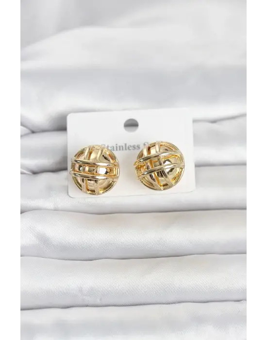 316L Çelik Gold Renk Desenli Top Model Kadın Küpe