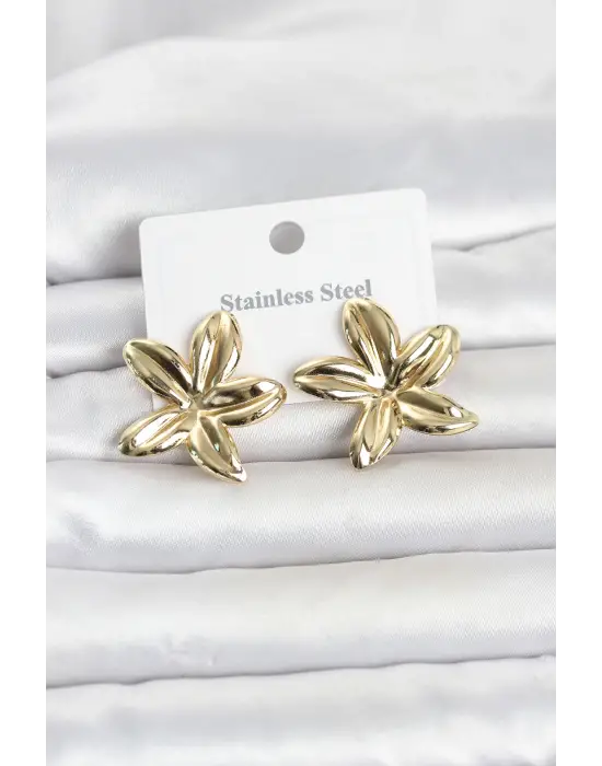 316L Çelik Gold Renk Lotus Çiçeği Model Kadın Küpe