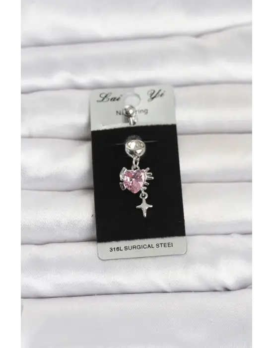 316L Cerrahi Çelik Pembe Zirkon Taşlı Model Göbek Piercing