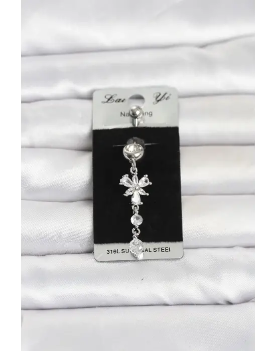316L Cerrahi Çelik Sallantılı Zirkon Taşlı Model Göbek Piercing