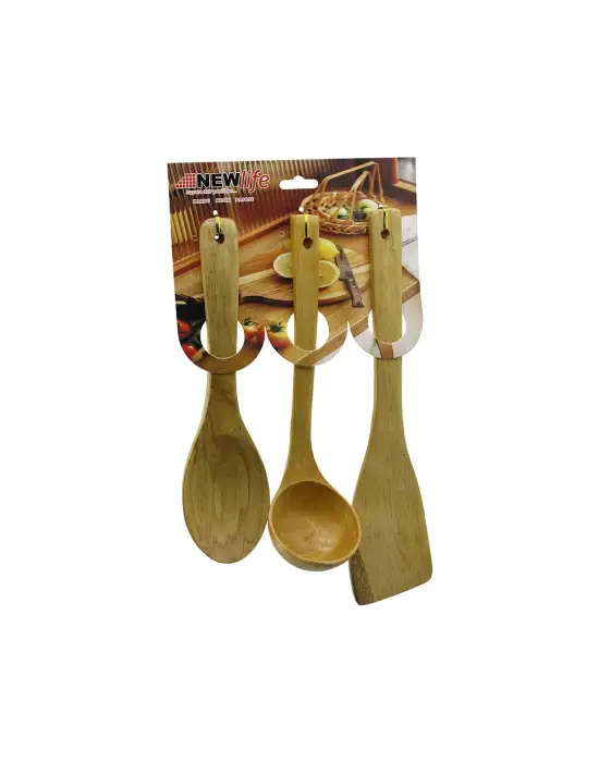 3pcs Ahşap Bambu  Mutfak Servis Seti  Kaşık=27cm - Kepçe=27cm - Spatula=32cm