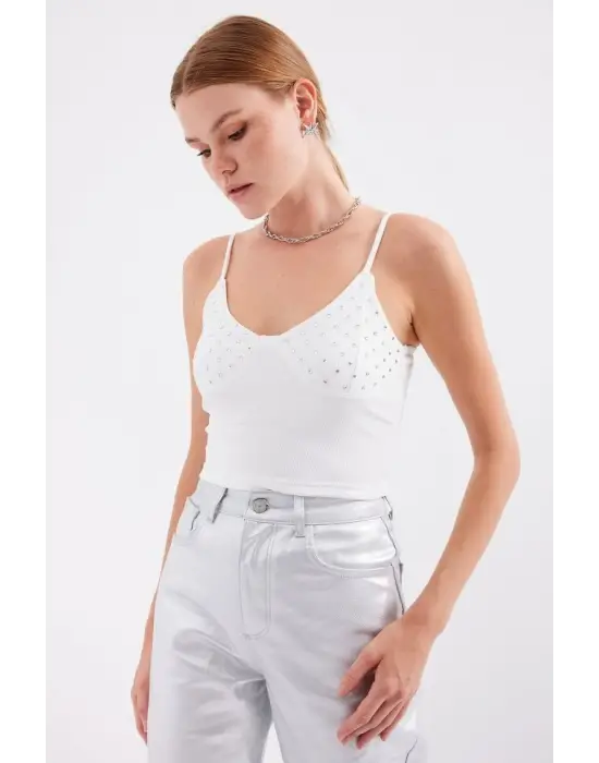 918 İp Askılı Crop Top - Beyaz