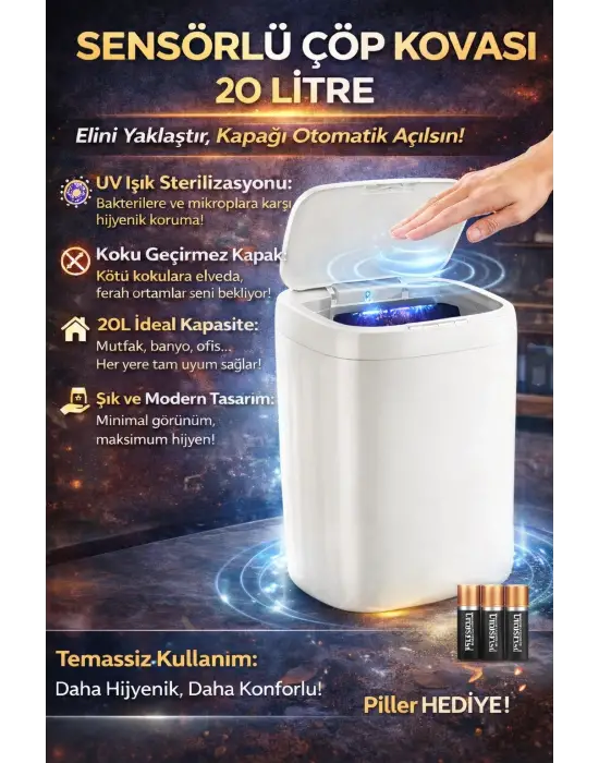 Akıllı Sensörlü Uv Işıklı 20 Litre Çöp Kovası - Mutfak, Banyo, İşyeri Ve Ofis Kullanımı