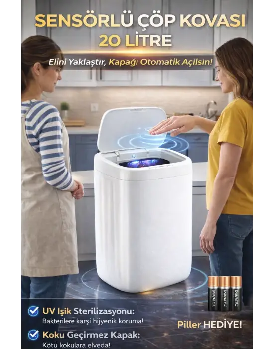 Akıllı Teknolojik Sensörlü Otomatik Açılan Kapak 20 Litre Çöp Kovası Uv Işıklı