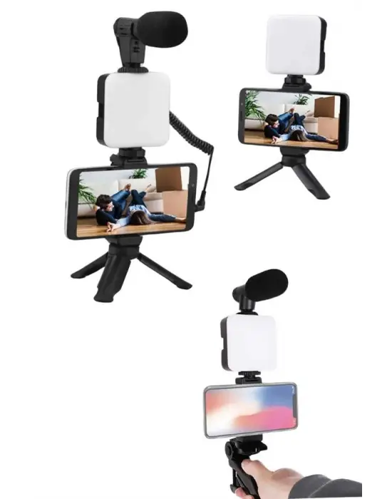 Akıllı Telefon Vlog Kiti Tripod Mini Mikrofonlu Telefon Tutucu