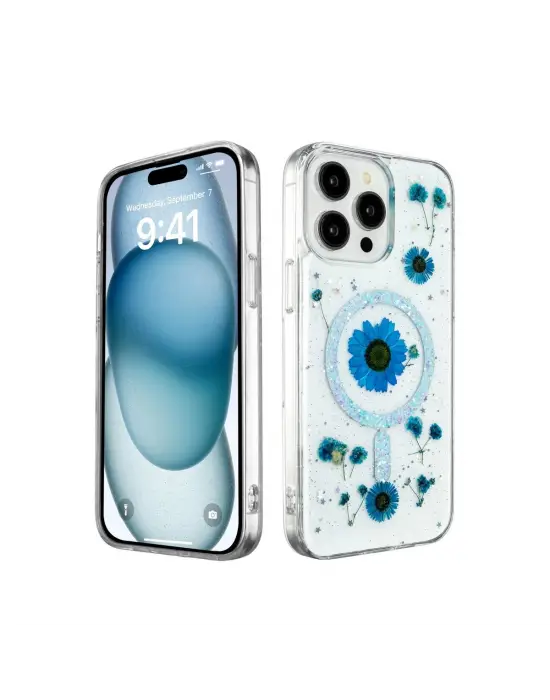 Apple İphone 15 Pro Max Kılıf Daisy Simli Magsafe Kapak - Mavi