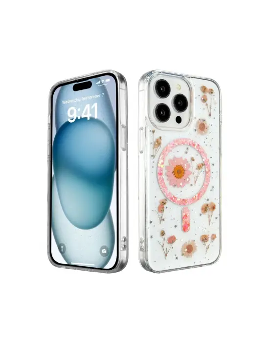 Apple İphone 15 Pro Max Kılıf Daisy Simli Magsafe Kapak - Pembe