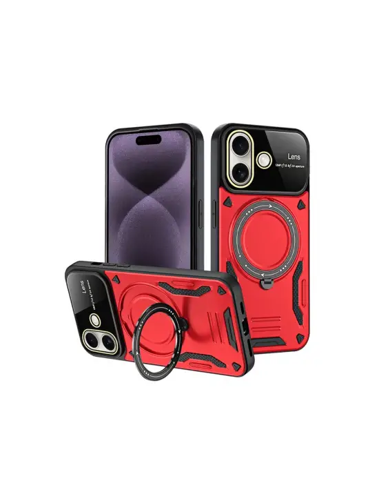 Apple İphone 16 Kılıf Joy Lens Standlı Kapak - Kırmızı