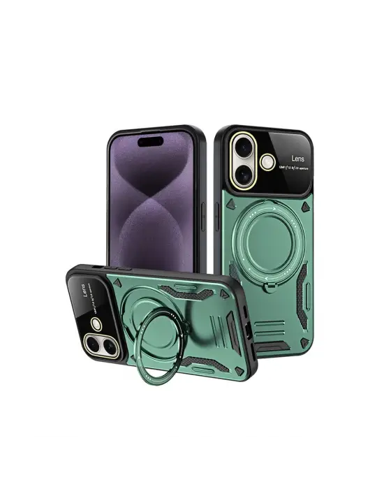 Apple İphone 16 Kılıf Joy Lens Standlı Kapak - Koyu Yeşil
