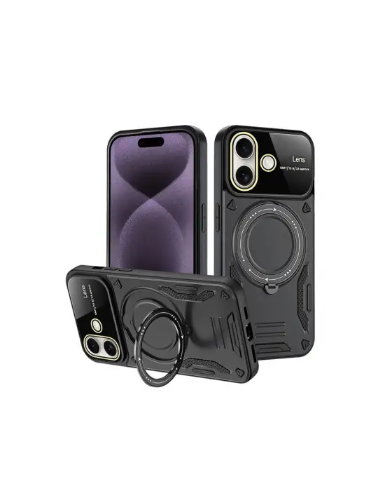Apple İphone 16 Kılıf Joy Lens Standlı Kapak - Siyah