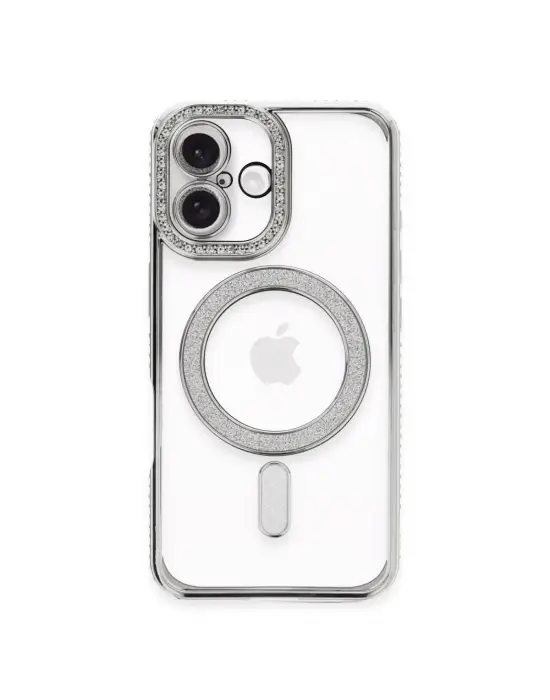 Apple İphone 16 Plus Kılıf Joke Simli Magneticsafe Kılıf - Gümüş