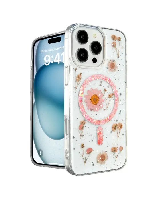 Apple İphone 16 Pro Kılıf Daisy Simli Magsafe Kapak - Pembe