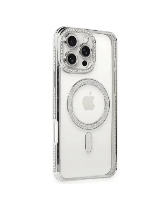 Apple İphone 16 Pro Kılıf Joke Simli Magneticsafe Kılıf - Gümüş