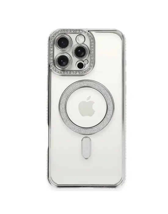 Apple İphone 16 Pro Kılıf Joke Simli Magneticsafe Kılıf - Gümüş