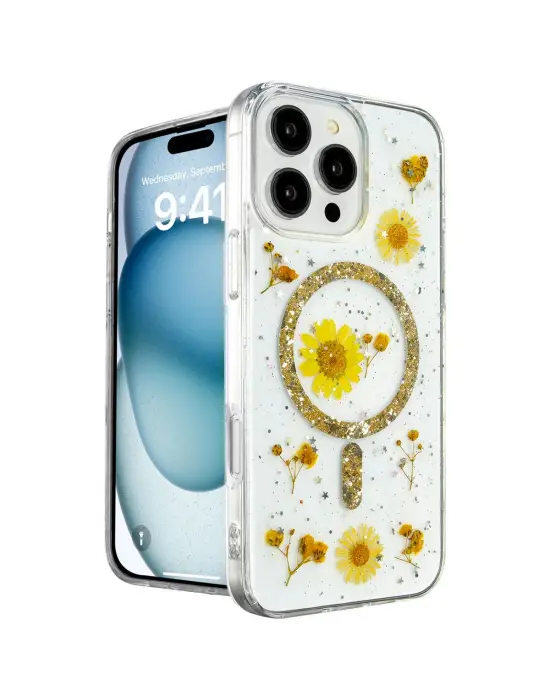 Apple İphone 16 Pro Max Kılıf Daisy Simli Magsafe Kapak - Gold