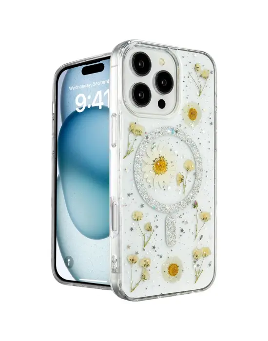 Apple İphone 16 Pro Max Kılıf Daisy Simli Magsafe Kapak - Gümüş