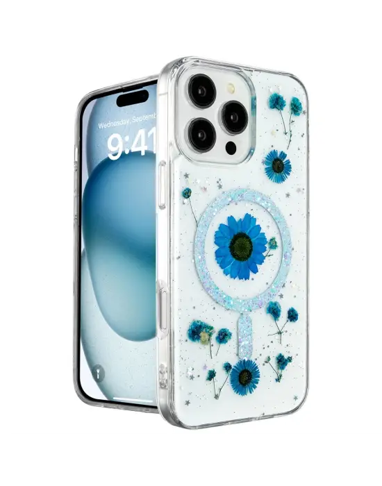 Apple İphone 16 Pro Max Kılıf Daisy Simli Magsafe Kapak - Mavi
