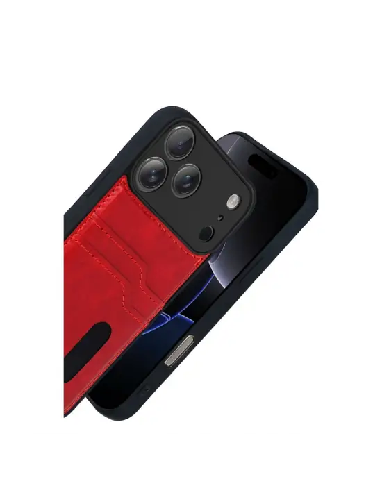 Apple İphone 17 Pro Max Sara Kartvizitli Deri Kılıf - Kırmızı