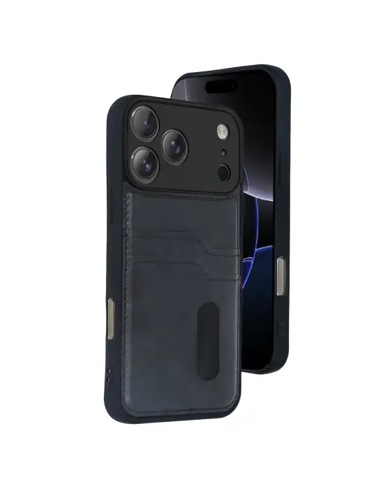 Apple İphone 17 Pro Max Sara Kartvizitli Deri Kılıf - Siyah