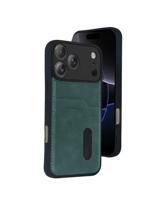 Apple İphone 17 Pro Sara Kartvizitli Deri Kılıf - Yeşil