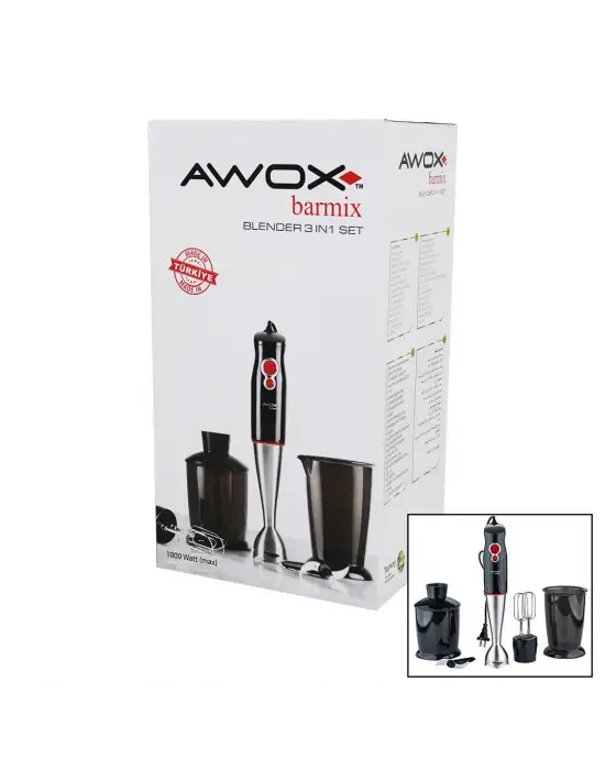 Awox Barmix  3in1  Blender Seti  Çelik 2li Mikser   Çelik Rondo Bıçak   Çelik 4 Kanatlı Bıçak   1000w