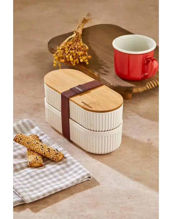 Bambu Kapaklı Lunch Box Kahvaltılık Saklama Kabı Large Bölmeli