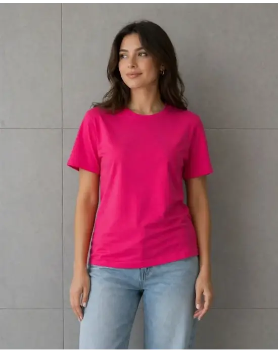 Basic Pamuklu Tişört Bisiklet Yaka Düz Renk Relaxed Fit T-Shirt - Fuşya