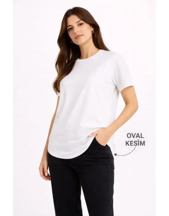 Basic T-Shirt Kısa Kol Bisiklet Yaka Oval Kesim Tişört - Beyaz