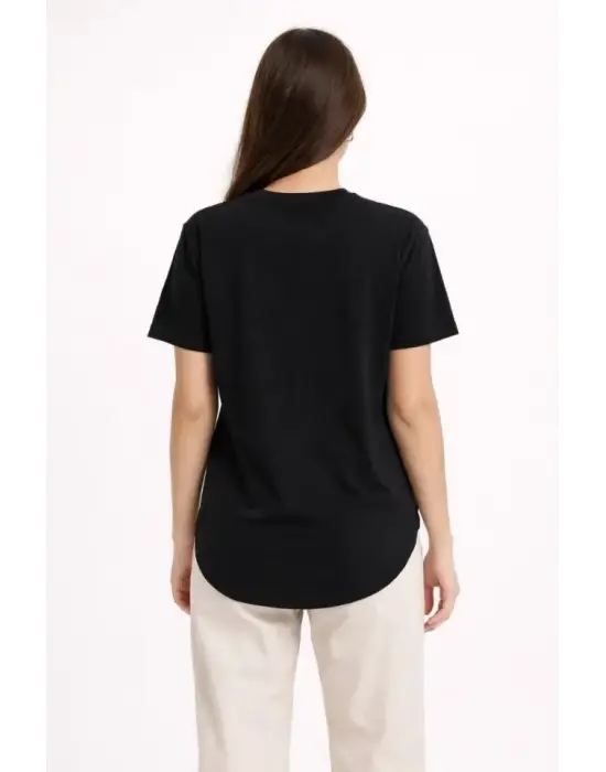 Basic T-Shirt Kısa Kol Bisiklet Yaka Oval Kesim Tişört - Siyah