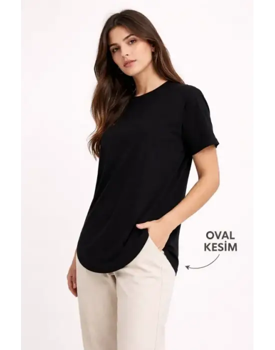 Basic T-Shirt Kısa Kol Bisiklet Yaka Oval Kesim Tişört - Siyah